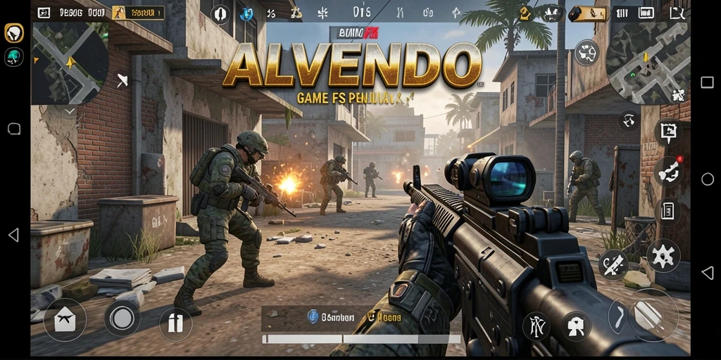 Tampilan gameplay mendebarkan dalam ALVENDO dengan aksi tembak-menembak yang intens.