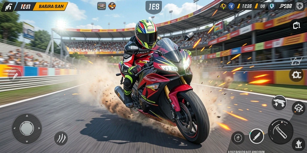 Screenshot gameplay <strong>JPS88</strong> yang menampilkan aksi balapan motor yang mendebarkan.