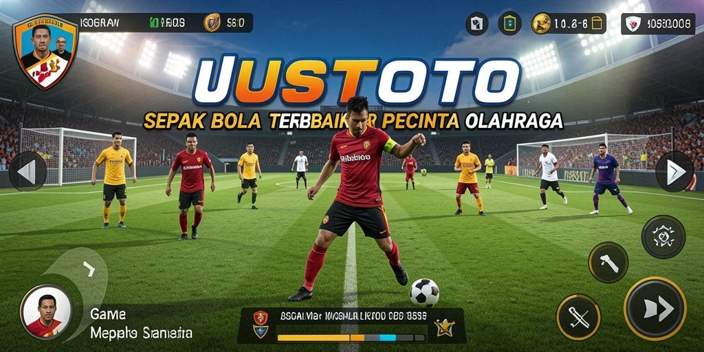 Tangkapan layar utama UUSTOTO menampilkan aksi mendebarkan dari permainan sepak bola.